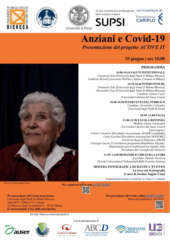 Anziani e Covid - Presentazione del Progetto ACTIVE IT @ Università Bicocca Aula 4057 Edificio U7 4° piano