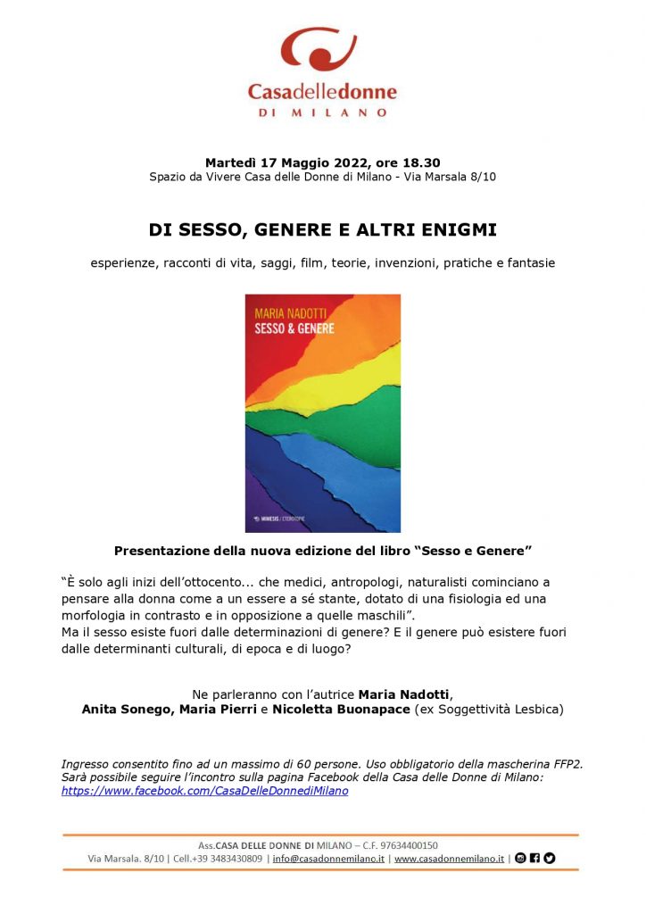 Incontro del ciclo "Di sesso, genere e altri enigmi" - Presentazione della nuova edizione del libro "Sesso e Genere" di Maria Nadotti @ Casa delle Donne di Milano