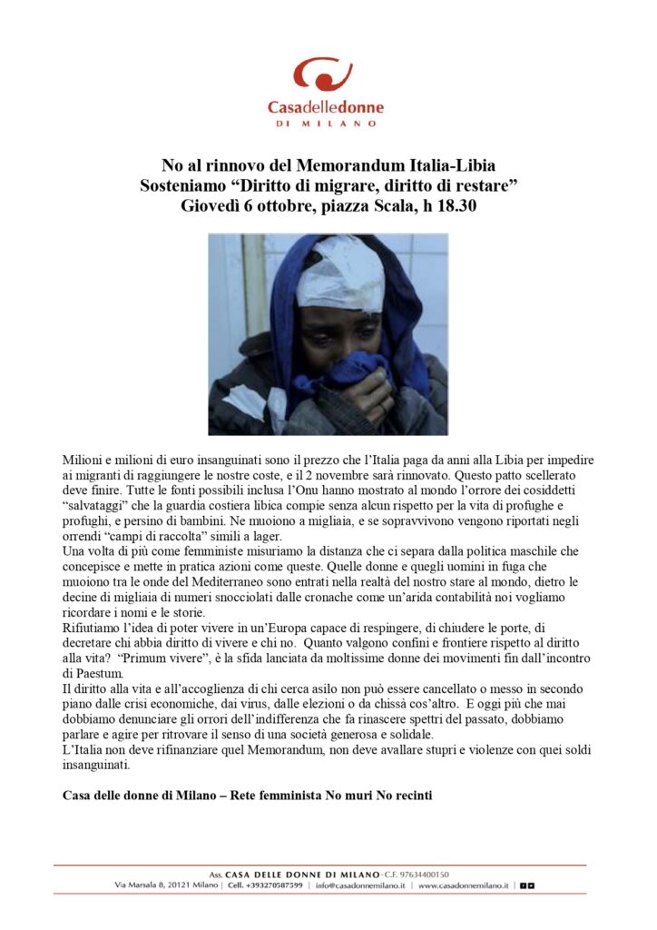Manifestazione - No al rinnovo del Memorandum Italia-Libia Sosteniamo “Diritto di migrare, diritto di restare” @ P.za della Scala. Milano