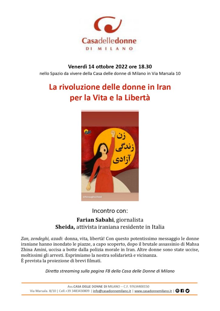 Incontro con Farian Sabahi e Sheida: "La rivoluzione delle donne in Iran per la Vita e la Libertà" @ Casa delle Donne di Milano