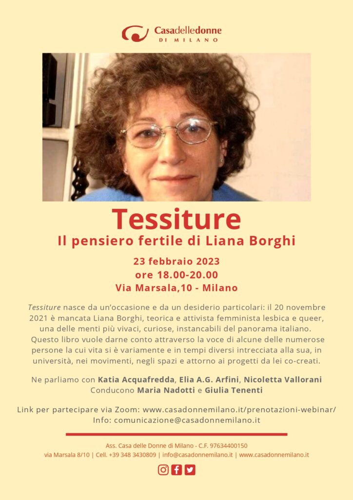 Presentazione di "Tessiture-Il pensiero fertile di Liana Borghi" autrici varie, Fandango 2022 @ Casa delle Donne di Milano