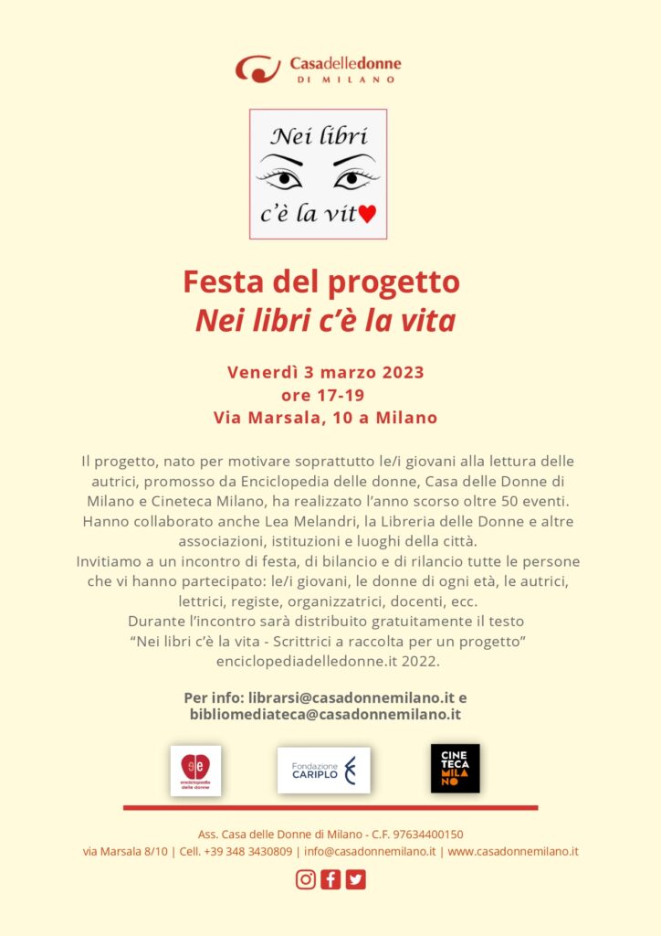 Festa del progetto "Nei libri c'è la vita". Bilancio, rilancio, letture @ Casa delle Donne di Milano