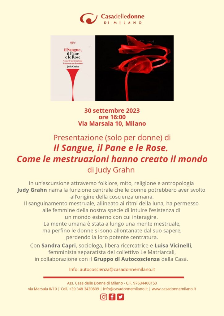 Presentazione del libro "Il Sangue, il Pane e le Rose" Come le mestruazioni hanno creato il mondo - di Judy Grahn @ Casa delle Donne di Milano