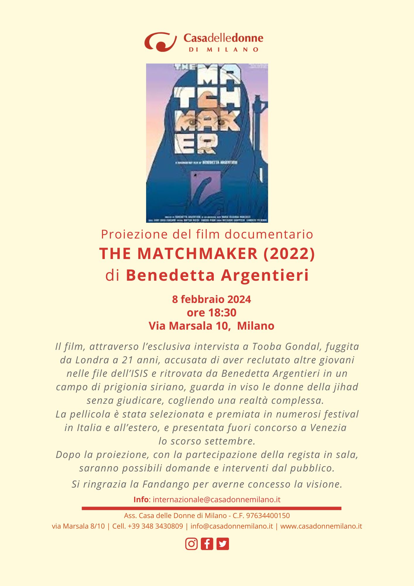 Proiezione del film "The Matchmaker" di Benedetta Argentieri @ Casa delle Donne di Milano