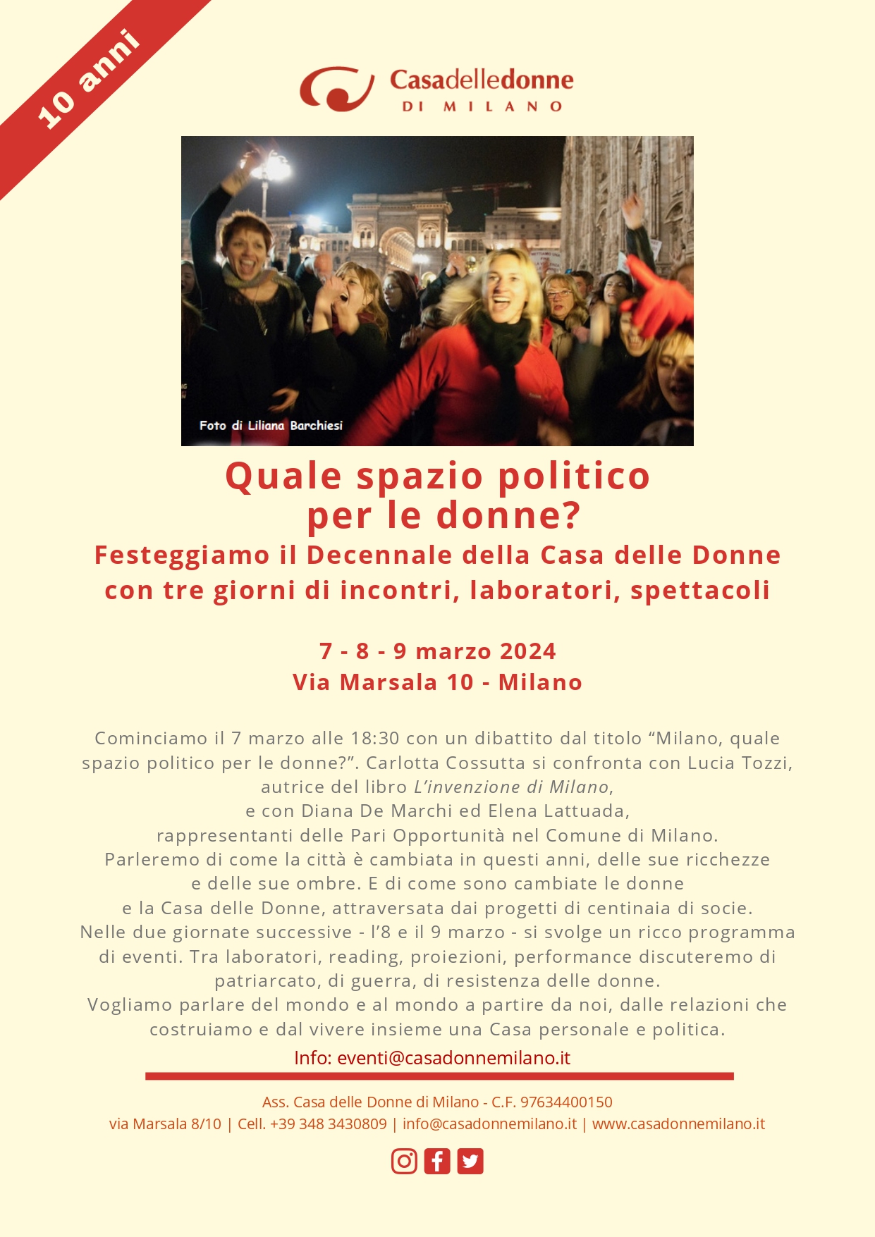 Primo incontro degli eventi del Decennale della Casa delle Donne, inaugurata l’8 marzo 2014: Milano, quale spazio politico per le donne? @ Casa delle Donne di Milano