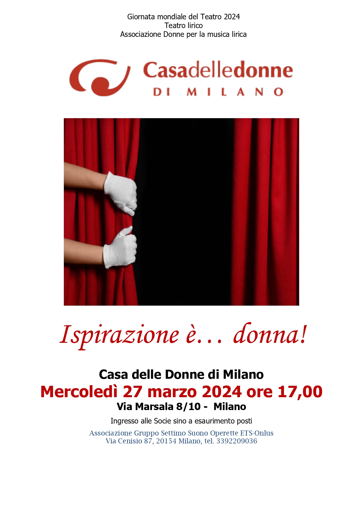 Concerto di Anna Dell'Orto in occasione della Giornata Nazionale del Teatro, per il Teatro Lirico "Ispirazione è donna" @ Casa delle Donne di Milano