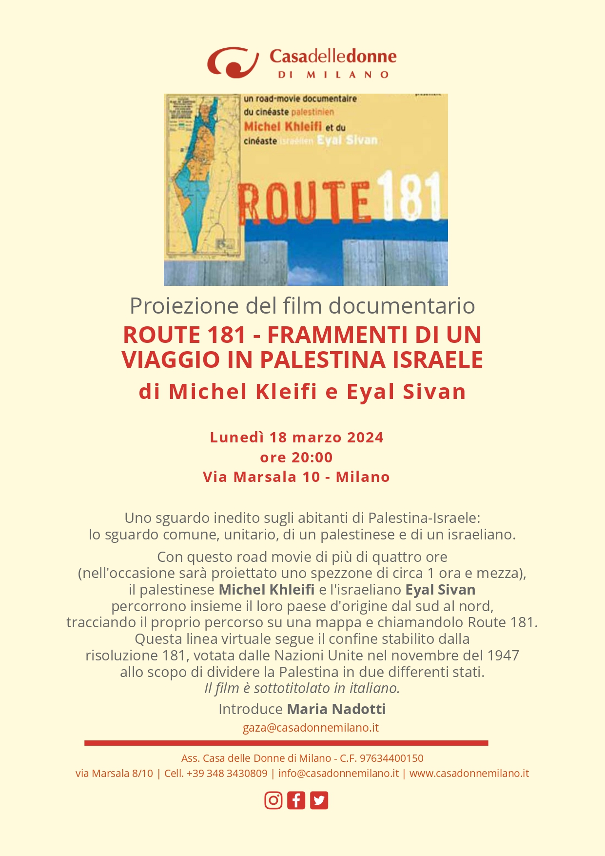 Proiezione del docufilm "Route 181 - Frammenti di un viaggio in Palestina Israele" @ Casa delle Donne di Milano