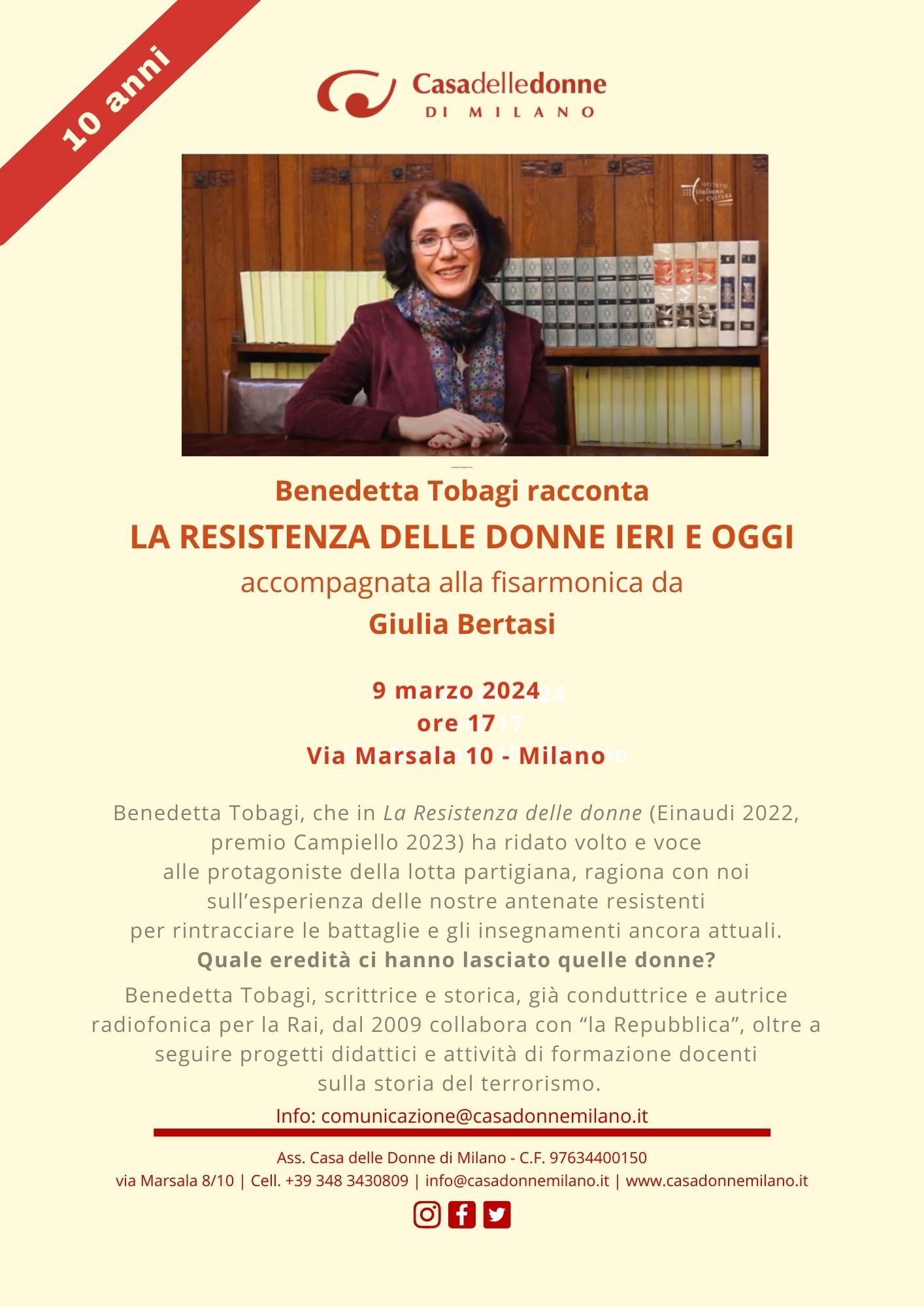 Benedetta Tobagi racconta la Resistenza delle donne ieri e oggi accompagnata alla fisarmonica da Giulia Bertasi @ Casa delle Donne di Milano