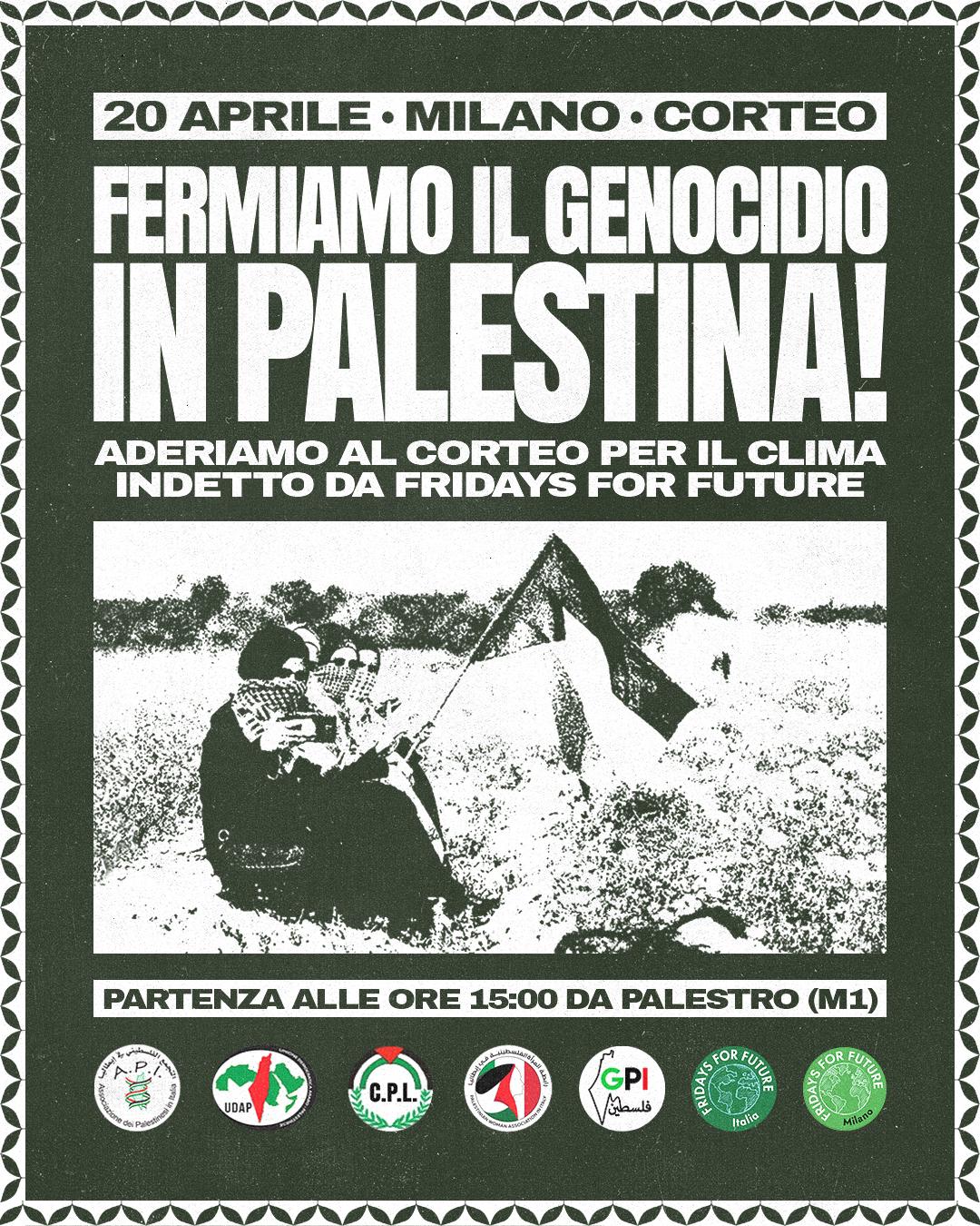"Fermiamo il genocidio in Palestina" e adesione al corteo per il clima di "Fridays for Future"