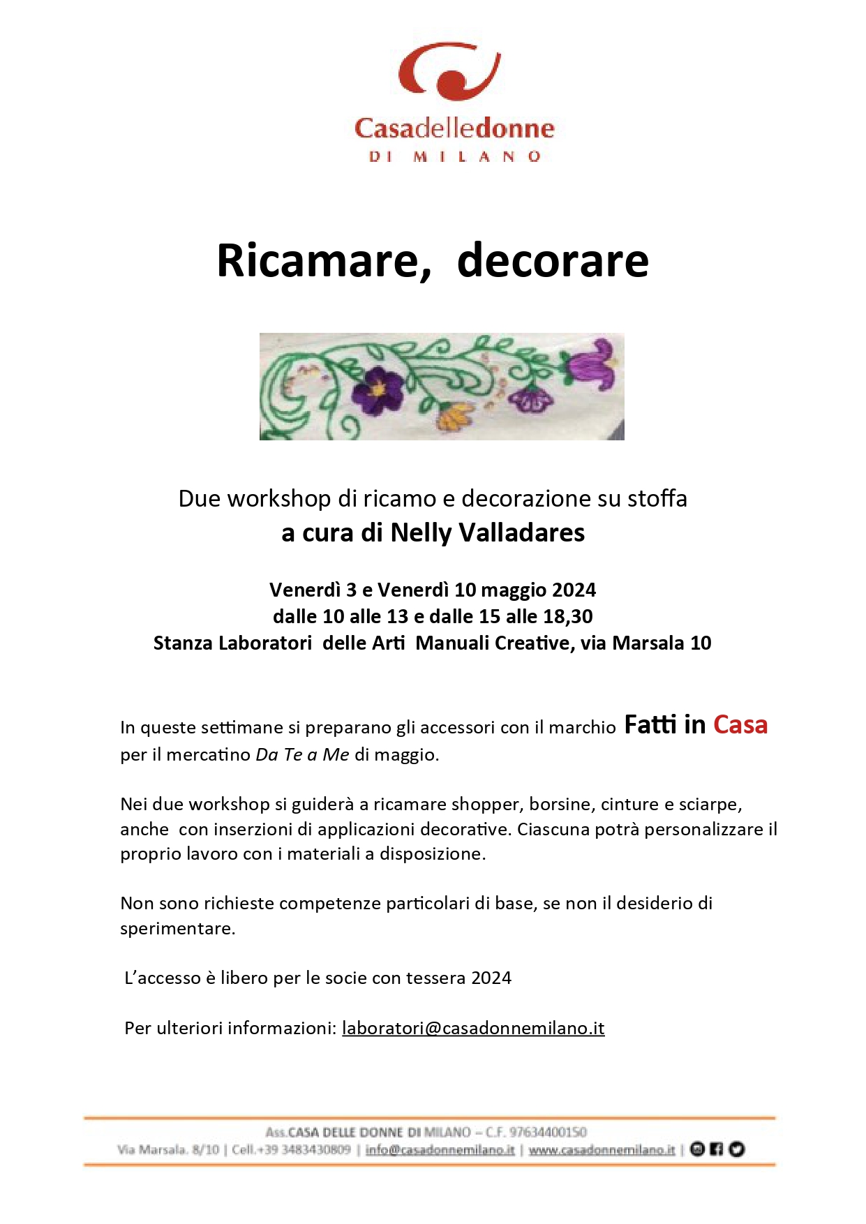Workshop: Ricamare, decorare @ Casa delle Donne di Milano